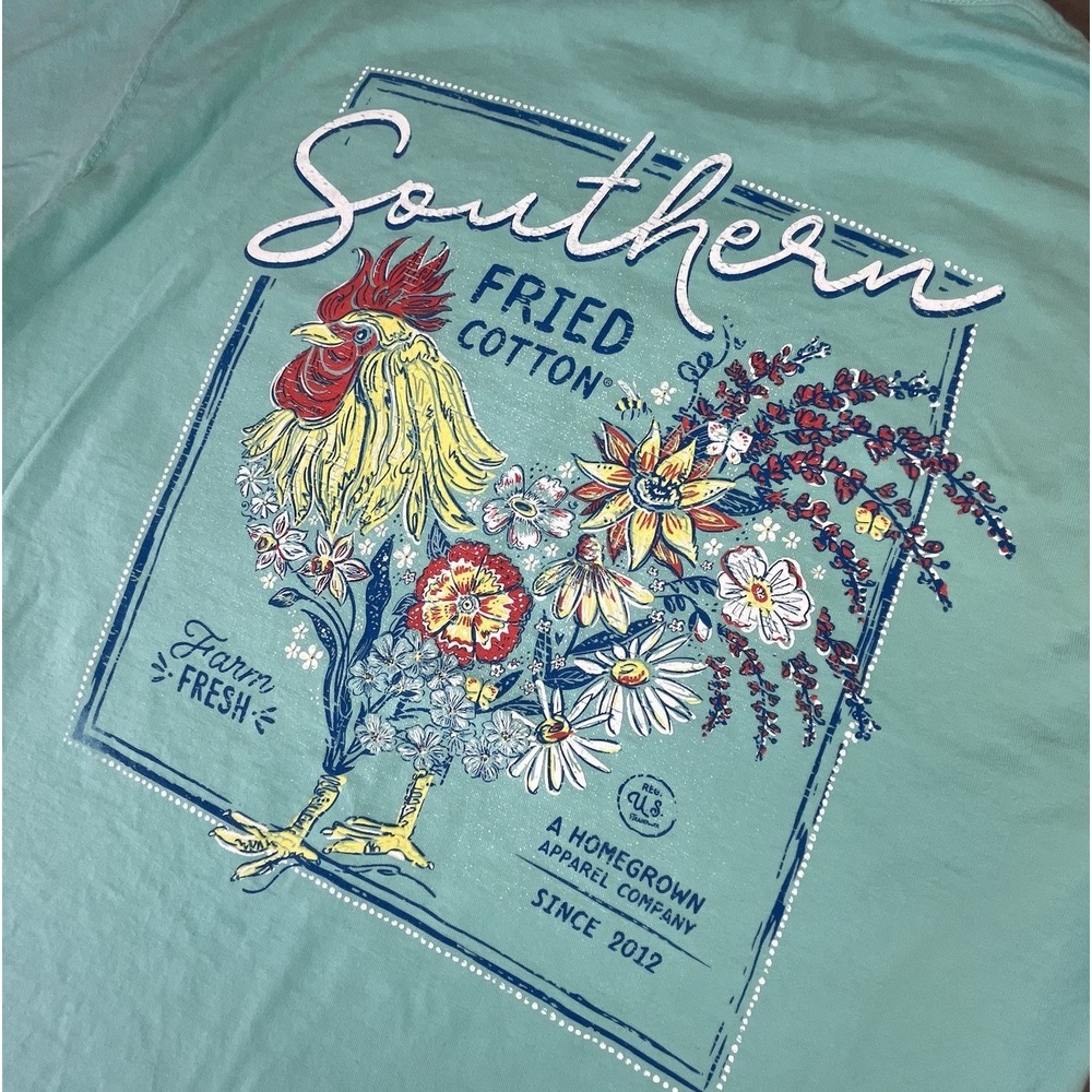 Southern Fried Cotton Women's Med Short Sleeve Tee Blue Green Chicken T-shirt